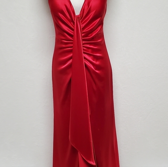 Vintage 90s ABS Evening Red Charmeuse Satin Halter Plunging Neckline Maxi Dress - Picture 6 of 15